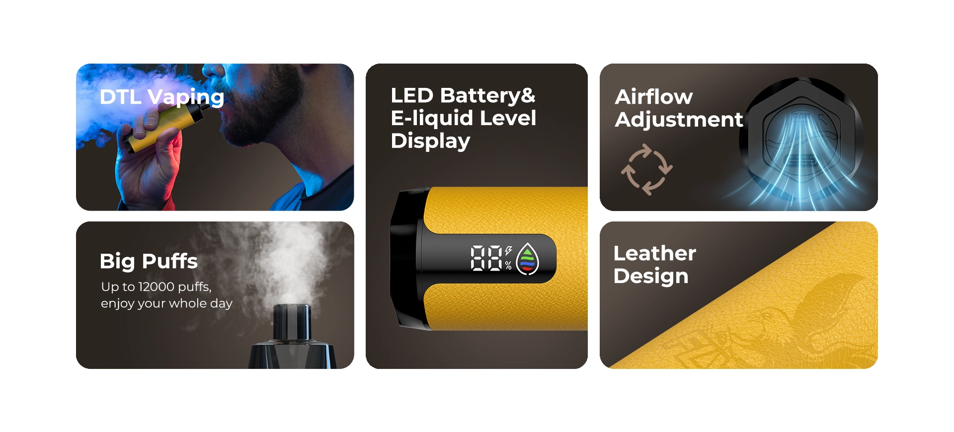 MT12000 Features: DTL Vaping Big Puffs Up to 12000 puffs, enjoy your whole day LED Battery & E-liquid Level Display Airflow Adjustable Leather Design
